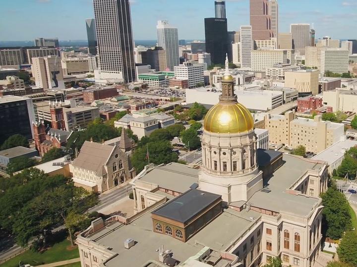 An overhead view of the Georgia State Capitol Building in downtown Atlanta.